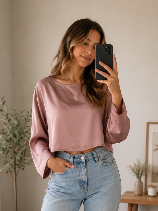 Dynamite Tops - Dynamite Dusty Rose Satin Crop Blouse Coquette Minimalist Large Feminine Soft